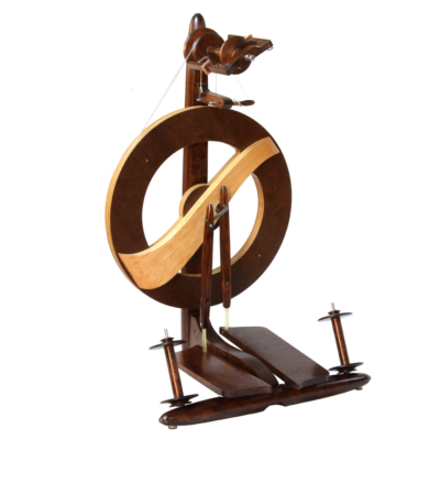Kromski Fantasia Spinning wheel with double treadle and built in lazykate. In walnut finish